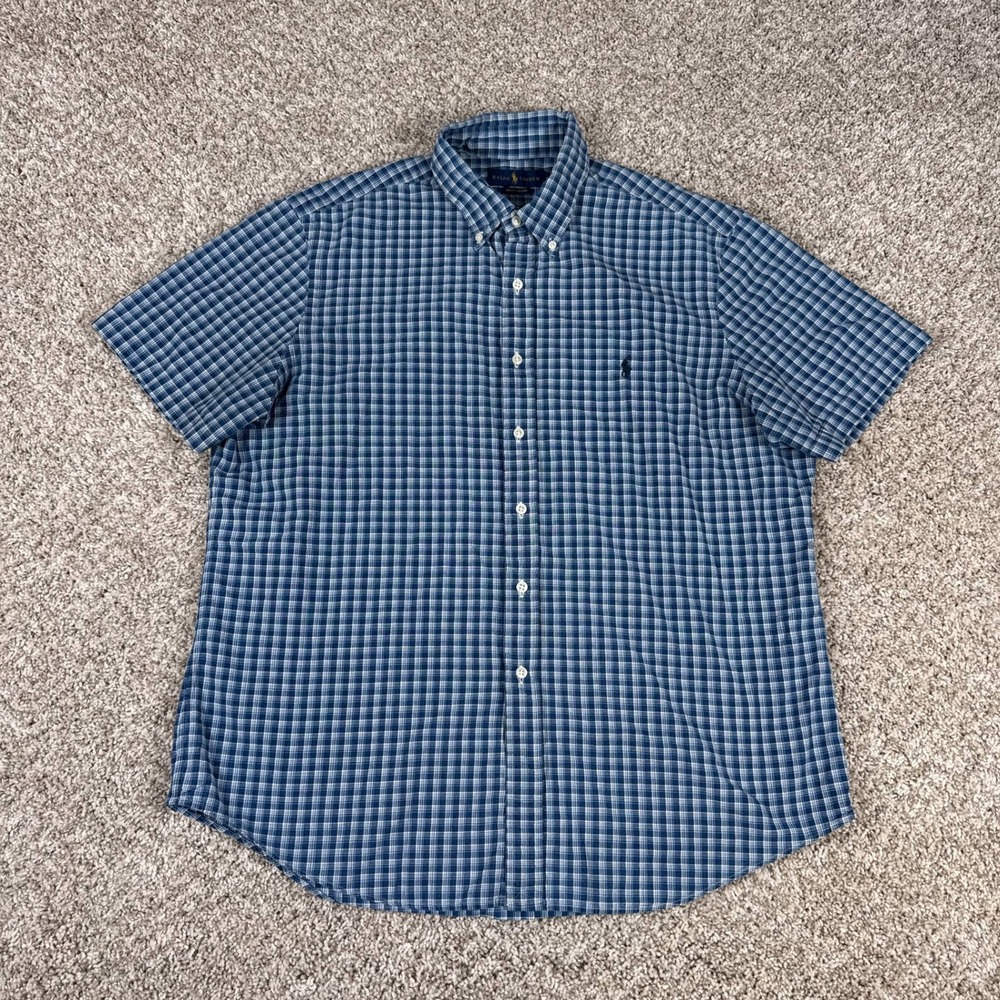 Ralph Lauren Shirt Mens XL Indigo‎ Oxford Short Sleeve Button Down Plaid Casual